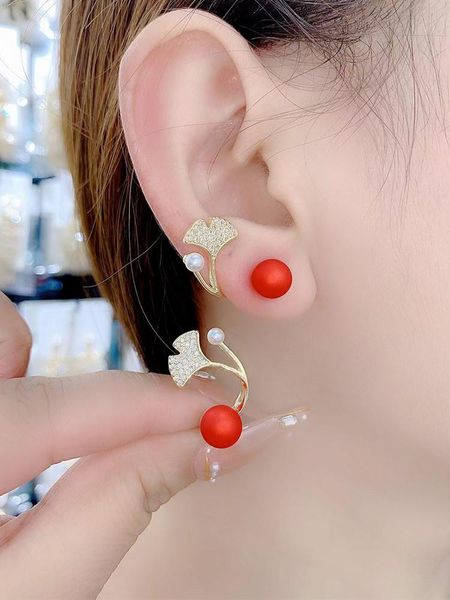 

stud small fresh two ears with pearl ginkgo leaf ladies earrings 2022 trendy cool high-end fashion jewelry silver needle, Golden;silver