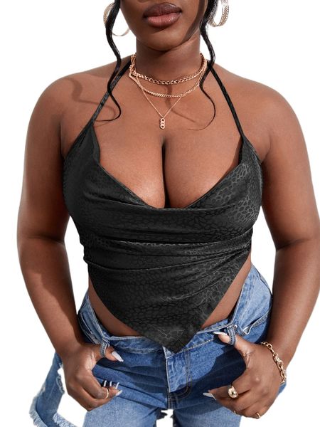 

sxy plus satin draped asymmetrical hem tie back halter 57vd#, Black