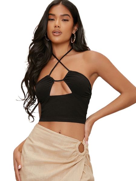 

club criss cross peekaboo front tie backless crop halter n08x#, White