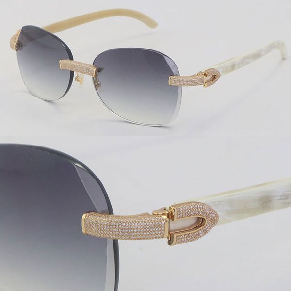 Neue, mikrogepflasterte, diamantbesetzte, randlose Metall-C-Dekorations-Sonnenbrille, weiße, echte natürliche Sonnenbrille, hochwertige, geschnitzte Linsenrahmen für Männer und Frauen, 3,0-Dicke-Linse