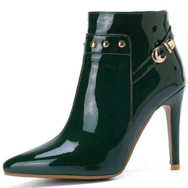 

boots fashion women ankle lacquer leather green ladies waterproof high heels point party shoes for large size 45 50 220805, Black
