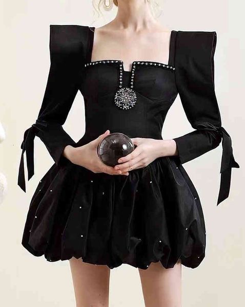 

casual dresses spring french hepburn bandage square collar nail drill dress, Black;gray