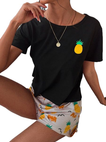 

pineapple print pj set r452#, Black;red