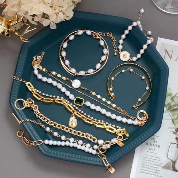 Bracelets de charme 9style pulseira de pérolas vintage para mulheres jóias boho moeda geométrica de cristal de ouro pulseiras femme accessoriescarm