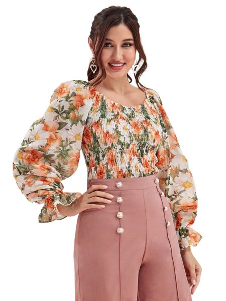 

modely allover floral print shirred flounce sleeve sweetheart neck blouse d4vf#, White