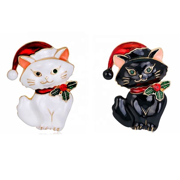 50 pçs / 32 * 50mm Gato Gatinho Do Natal Com Chapéu Broche Pin Tom de Ouro Vermelho E Branco Esmalte Broches Animal Bonito Moda Jóias pinos