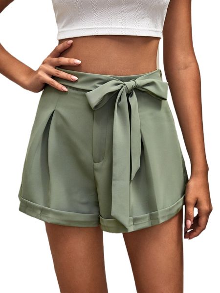 

solid plicated detail belted shorts 74kp#, White;black