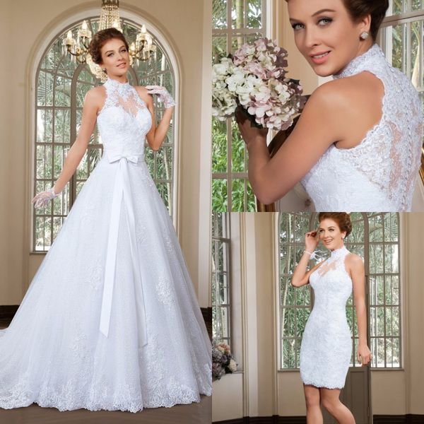 

new elegant a line high neck wedding dress detachable skirt wedding dresses sweep train beach bridal gowns vestido de noiva, White