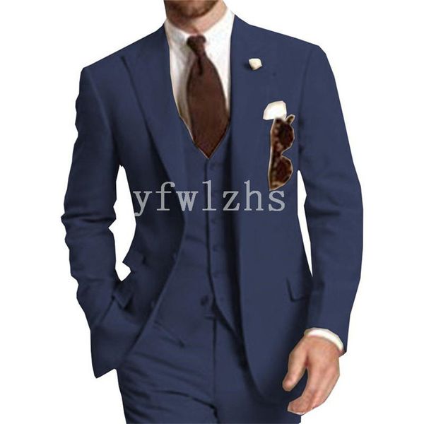 Hübsche marineblaue Herrenanzüge mit spitzem Revers, Bräutigam-Smoking, Trauzeugen für Hochzeit/Abschlussball/Abendessen, Blazer, Jacke, Hose, Weste, Krawatte N066