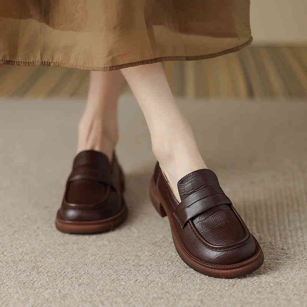 

sandals full cowhide ~ thick bottom round head lefu shoes women's spring british jk small leather single ropq, Black