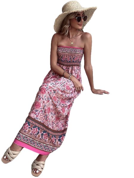 

floral print shirred bodice tube dress 10rx#, Black;gray