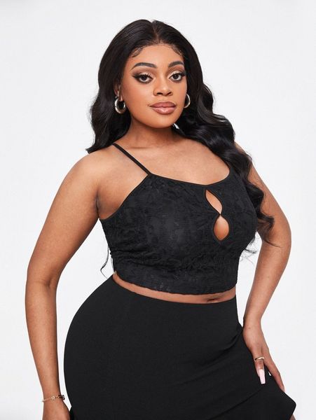 

sxy plus cut out lace cami k67b#, Black