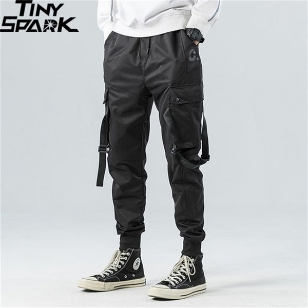 

hip hop cargo pants pockets men streetwear harajuku joggers pants hiphop swag ribbion harem pants fashion casual trousers 201126, Black