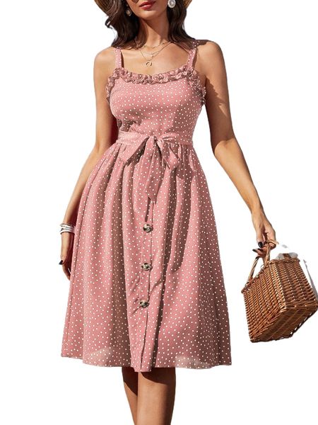 

polka dot frill trim belted dress p8qw#, Black;gray
