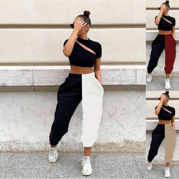 

women's jumpsuits & rompers women's fashion high waist contrast color splicing leggings casual pants hip hop bi3d, Black;white