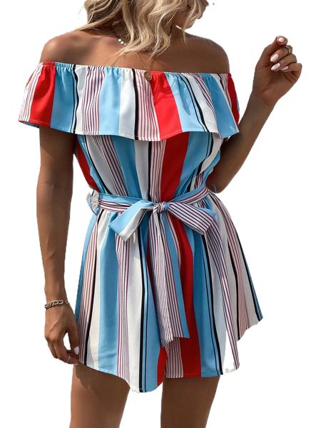 

block striped off shoulder ruffle trim belted romper x6bn#, Black;white