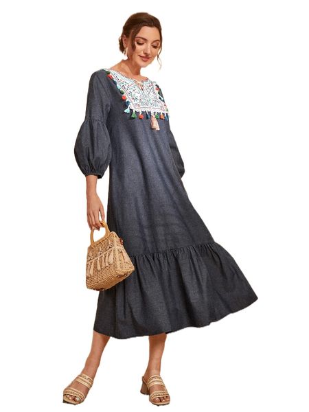 

floral embroidery tassel trim tie neck lantern sleeve ruffle hem dress b0ye#, Black;gray