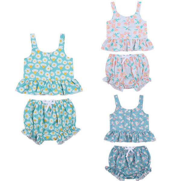 

summer lovely baby girls clothes sets 2pcs flowers printed sleeveless ruffles vest shorts, White