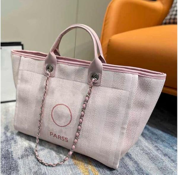 

tz 2022 women canvas crochet beach bags vanity embroidery letter shopping bag silver metal chain cross body high capacity handle handbag des