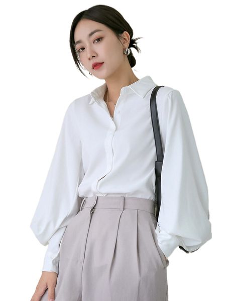 

dazy solid button front lantern sleeve shirt f66t#, White