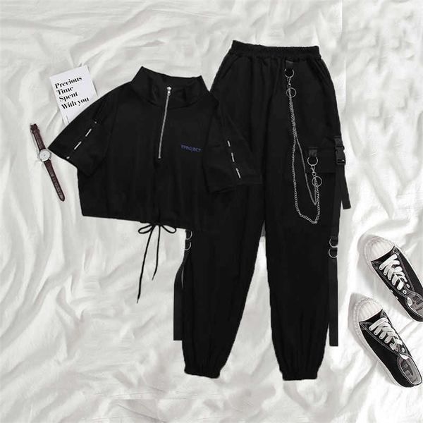 

houzhou gothic women black cargo pants harajuku punk chain trousers female hip hop mall goth streetwear techwear egirl grunge 210706, Black;white