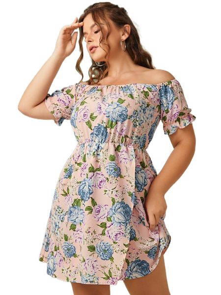 

sbetro plus allover floral print off shoulder puff sleeve dress j2as#, Black