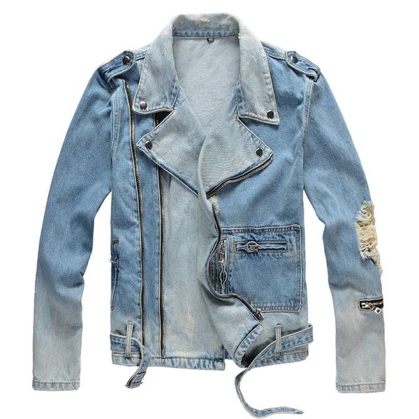 Herrenjacken, Löcher, zerrissen, blaue Jean-Bikerjacke für Motorrad, Streetwear, Reißverschlüsse, Umlegekragen, Denim-Mantel, Oberbekleidung