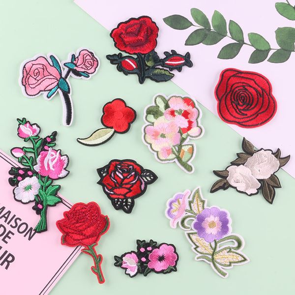 

notions red rose patches for jackets women iron on patch flowers embroidered decorative for clothes, Black