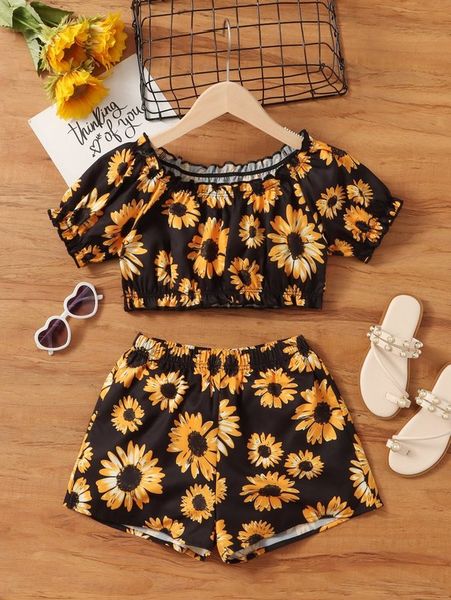 

girls lettuce trim sunflower print & shorts she, White