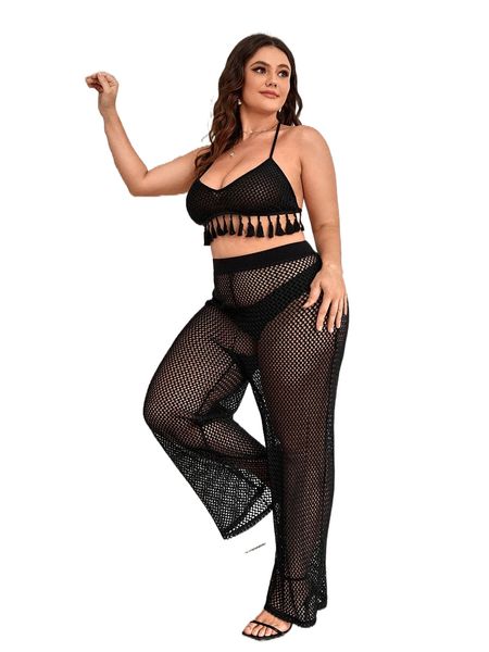

plus fishnet mesh & wide leg pants without bra p0xq#, Black