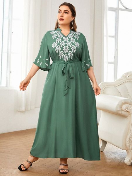 

plus leaf embroidery notch neck belted dress a6tm#, Black