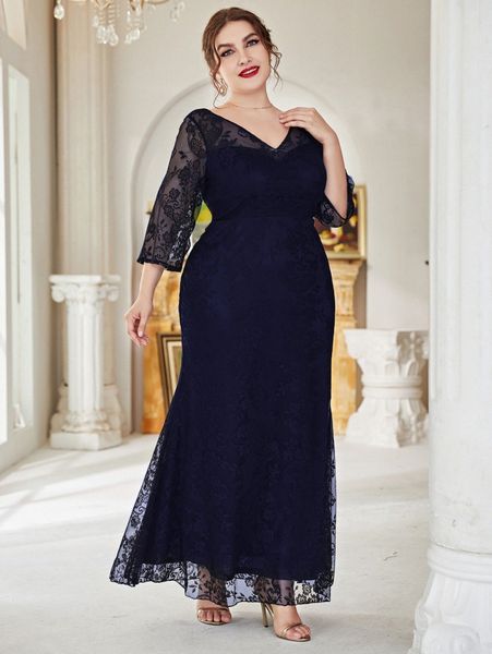 

plus v neck floral lace dress 25rx#, Black