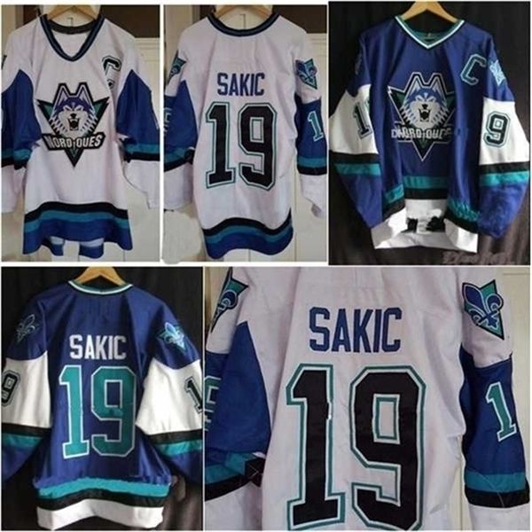 

c26 nik1 40quebec nordiques #19 joe sakic white blue nik1 tage men's ice hockey jersey custom code size s-4xl, Black