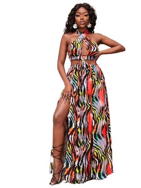 

sxy tiger striped cutout tie backless split thigh dress s6so#, Black;gray