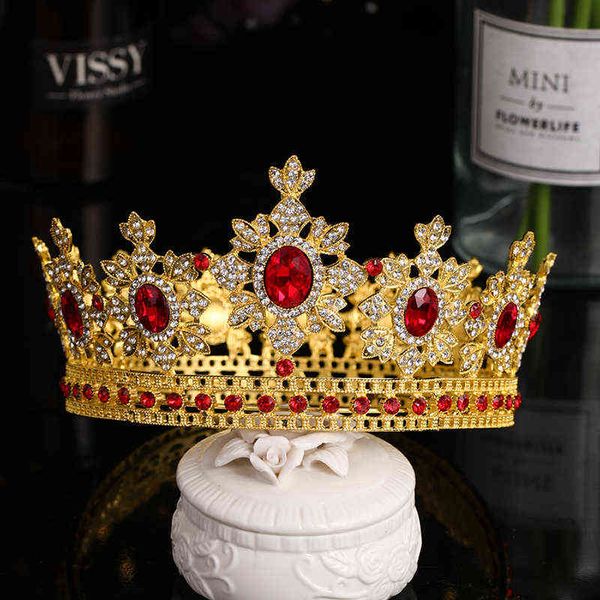 Новый дизайн большие круглые тиары и короны Золотой красный кристалл диадем для королевы принцессы король свадебные свадебные аксессуары для волос головной убор AA220323