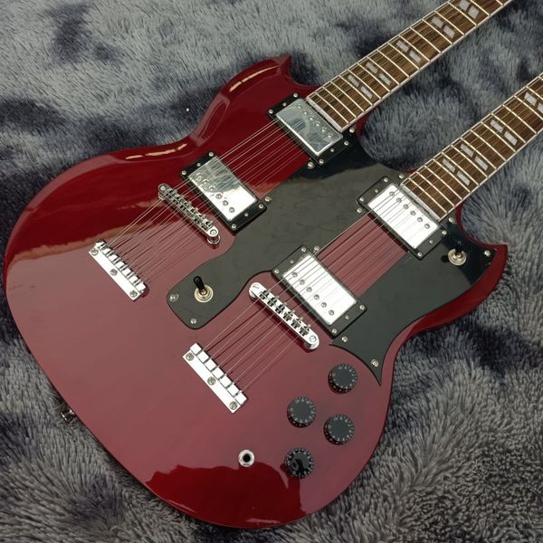 

double head electric guitar wine red chrome plated accessories factory sold