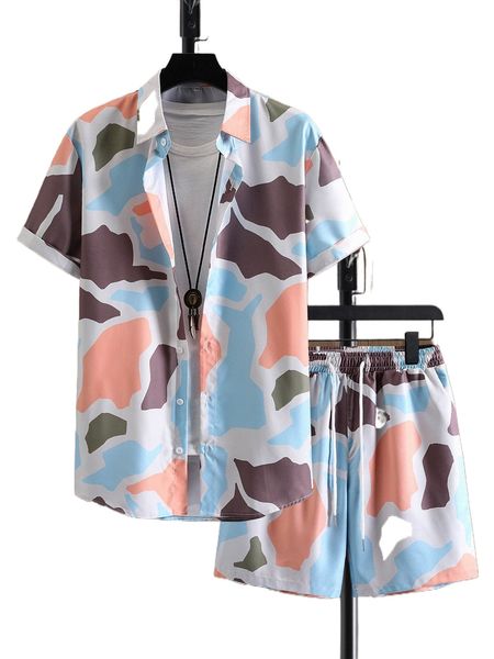 

men allover print shirt & drawstring waist shorts without tee 10lr#, Gray