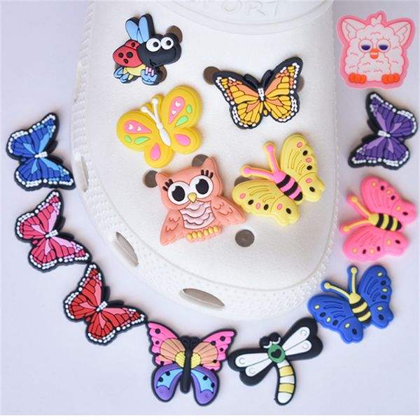 

new colorful butterflies pvc shoe custom any style women accessories beautiful feature butterfly shoe flower rubber decoration gift., White;pink