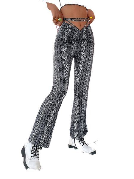 

allover print criss cross flared leg pants n58s#, Black;white