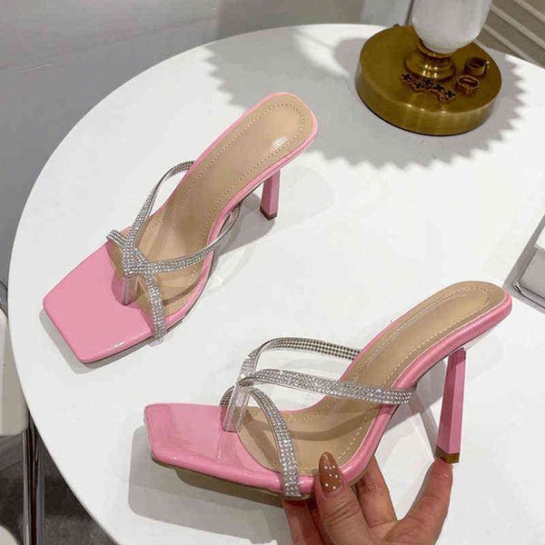 

slippers fashion pink thin high heels women flip flops summer transparent crystal rhinestone sandals party stripper shoes slides 220321, Black