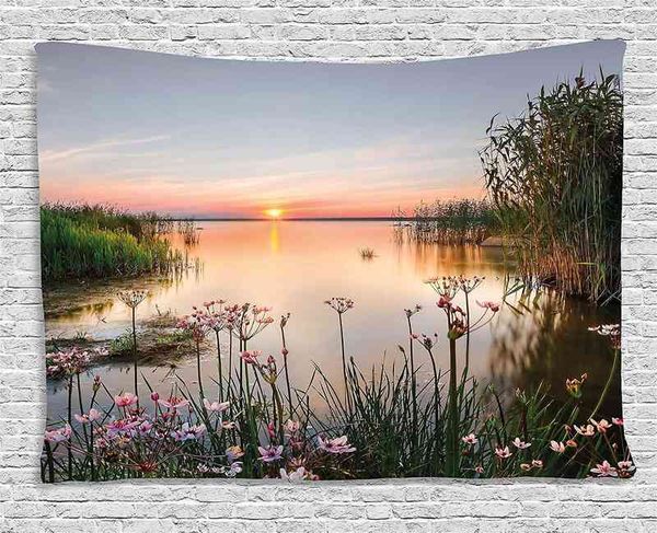 Frühlingsblumen Landschaft Foto Estland See Natur Tapisserie Sonnenuntergang Wandbehang Schlafzimmer Wohnzimmer Tapiz J220804
