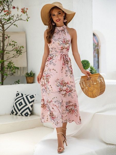 

floral print belted zip back ruffle hem dress 67hy#, Black;gray