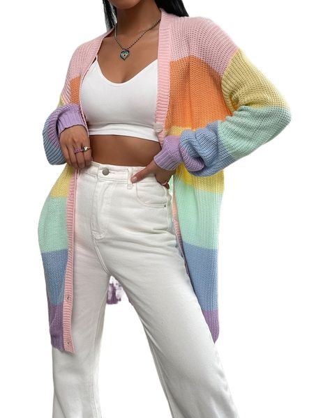 

colorblock button front drop shoulder cardigan l1ac#, White;black