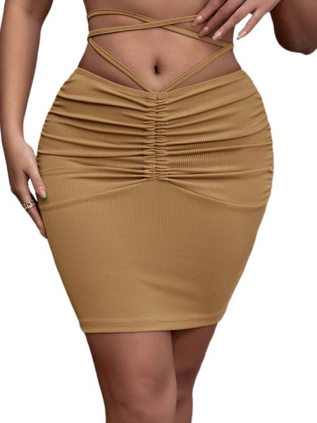 

sxy solid ruched drawstring criss cross tie back skirt a27g#, Black