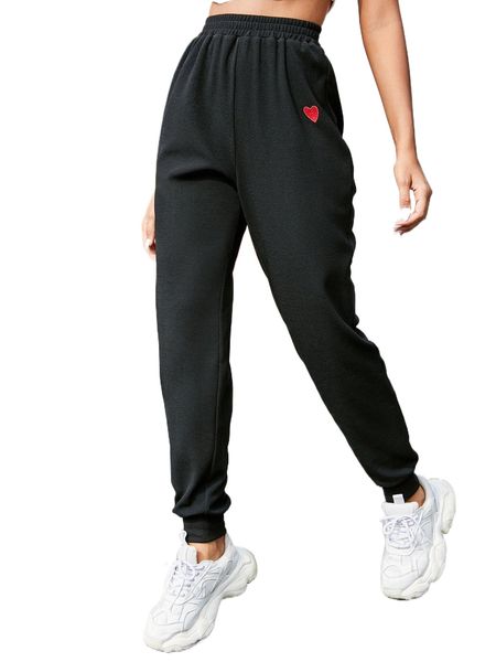 

high waist heart embroidery sweatpants f158#, Black;white
