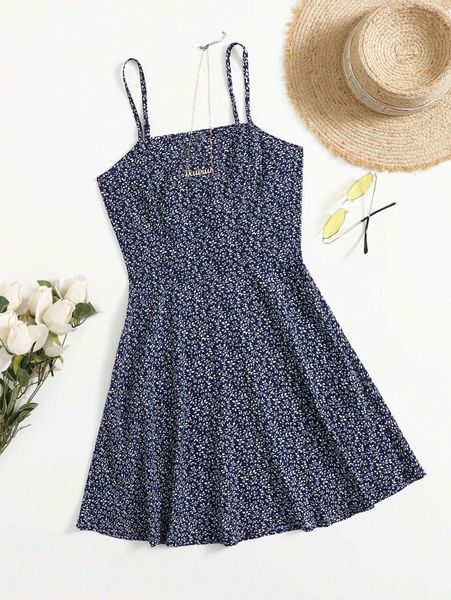 

allover plants flared hem dress u5sl#, Black;gray