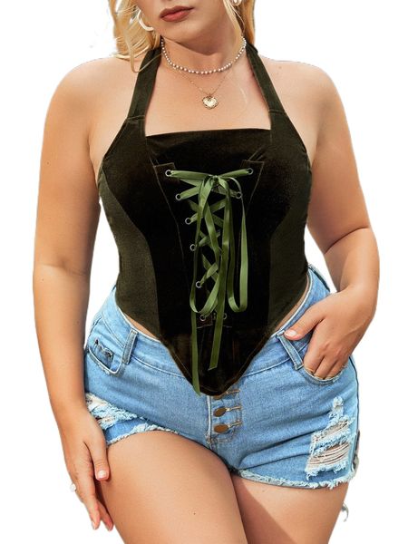 

plus grommet lace up bandana hem tie backless velvet halter v2ya#, Black