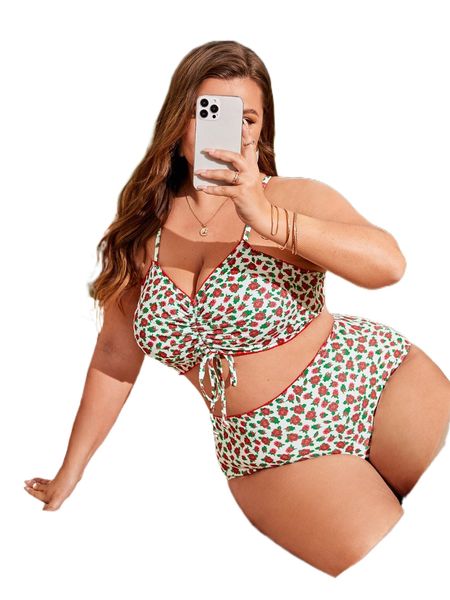 

plus floral print drawstring high waist bikini swimsuit 71dn#, White;black