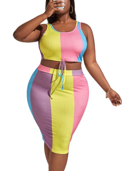 

plus colorblock knot hem tank & bodycon skirt 75ed#, Black
