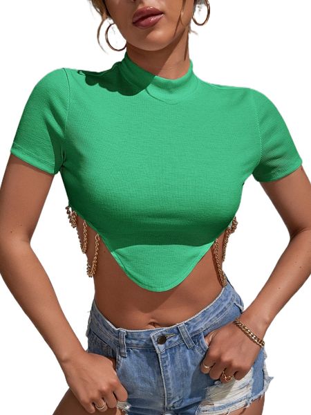 

mock neck chain detail asymmetrical hem crop tee c9un#, White